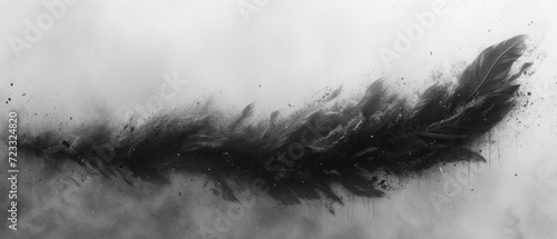  a black and white photo of a feather on a window sill with a lot of smoke coming out of the side of the window and a black and white background.