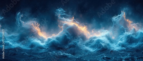  a painting of a wave in the ocean with a lot of clouds in the sky and stars in the sky above the waves is a bright orange and blue hue. photo