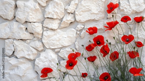 blooming poppies red flowers on a white stone wall background