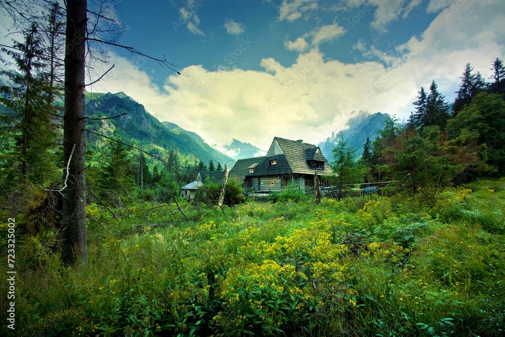 Wooden House Beautiful Mountains Scenery 1