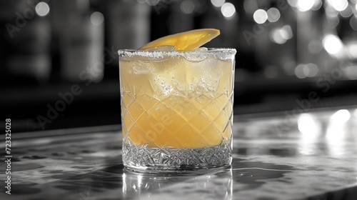  a close up of a glass on a table with a lemon wedge on the rim of the glass and a black and white photo of a bar with lights in the background.