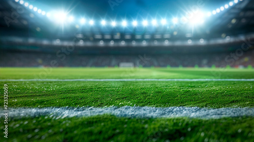 lower perspective soccer field with green grass illuminated by spotlights, in the distance you can see the gate blurred in the bokeh. Generative AI © Yuriy Maslov