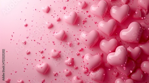 Beautiful delicate pink background with frame of voluminous 3D hearts and ple...