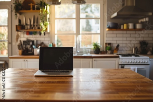 A laptop sitting on a wooden countertop in a modern kitchen Generative AI photo