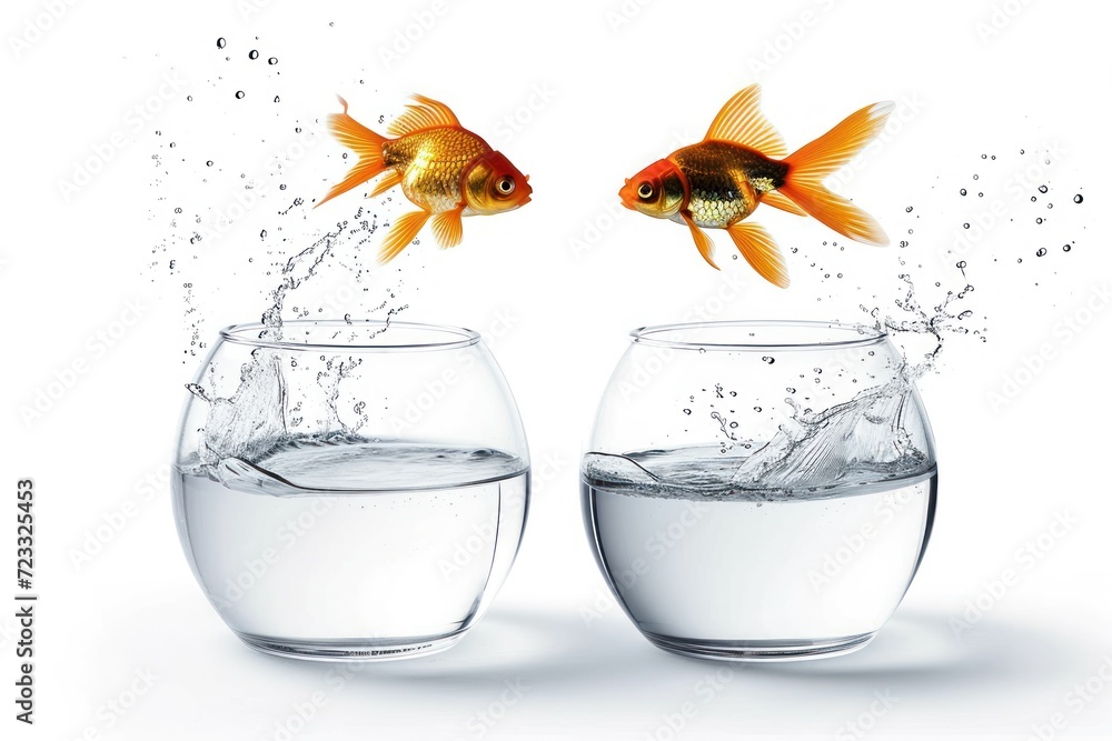 Goldfish leaping out of bowl on white background Goldfish leaping out of bowl on white background