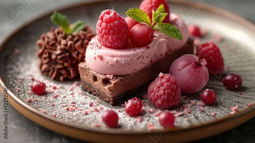  a plate topped with a piece of cake covered in frosting and raspberries next to a pile of raspberries on top of other pieces of chocolate.