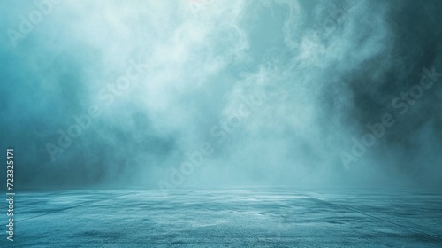 abstract image of light blue room concrete floor panoramic view of the abstract fog white cloudiness, space for product presentation ,mist or smog moves on light blue background photo