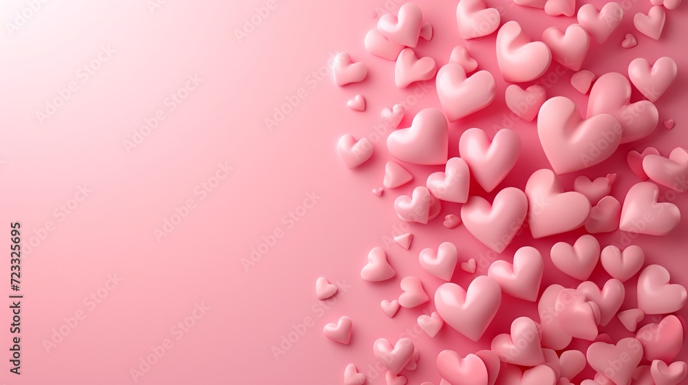 Beautiful delicate pink background with frame of voluminous 3D hearts and plenty of space for text