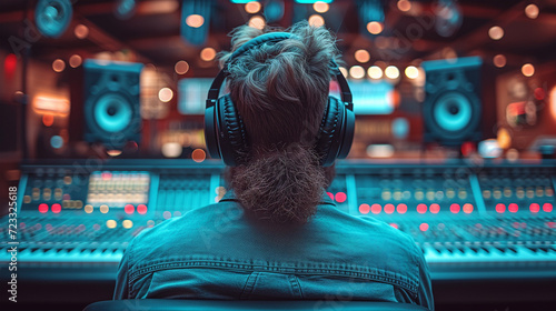 Horizontal poster of a guy listen to music in the recording studio. Musician and producer seen from behind wearing professional sound engineer headphones. audio technology equipment and control panel photo