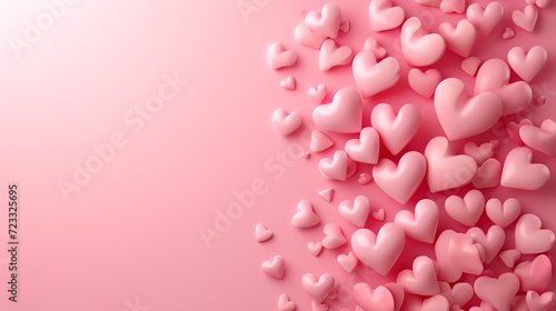 Beautiful delicate pink background with frame of voluminous 3D hearts and ple...