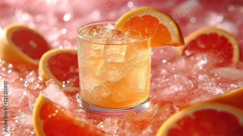  a close up of a drink in a glass with ice and an orange slice on the rim and on the rim of the glass are grapefruits and grapefruits.