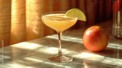  a close up of a drink in a glass on a table next to an orange and a glass with a lime garnish on the side of the glass.