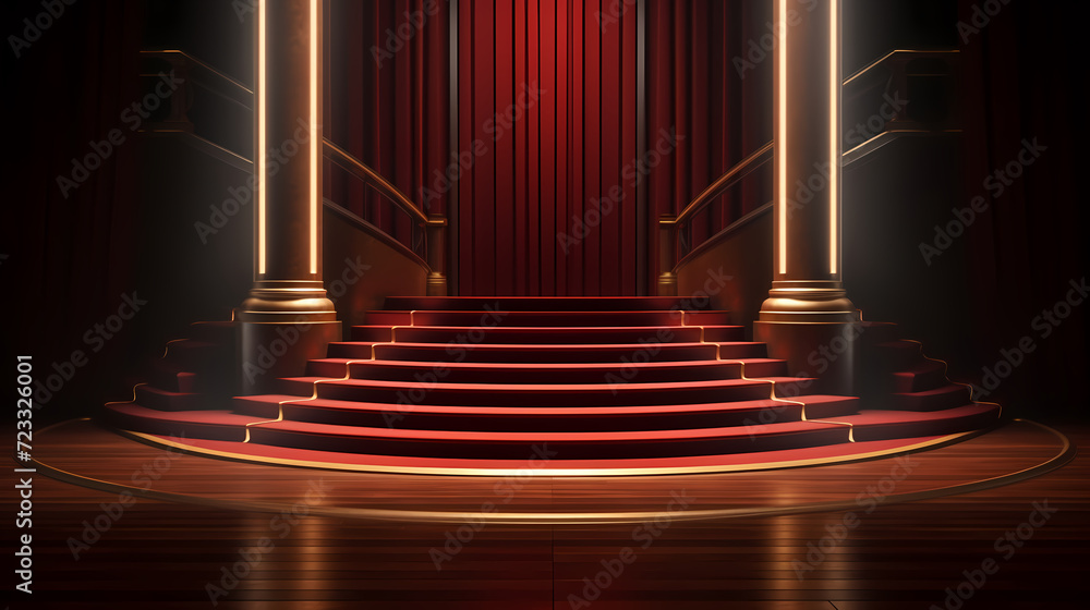 Red carpet on the stairs on dark background, the way to glory, victory and success