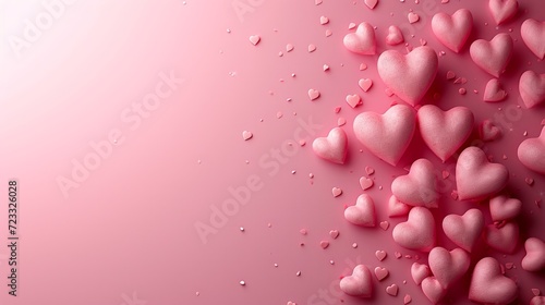 Beautiful delicate pink background with frame of voluminous 3D hearts and ple...