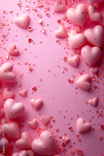 Beautiful delicate pink background with frame of voluminous 3D hearts and ple...