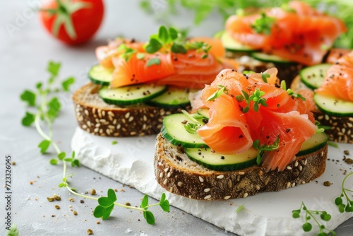 Healthy Nordic style cuisine featuring rye bread salmon and cucumber on a white table
