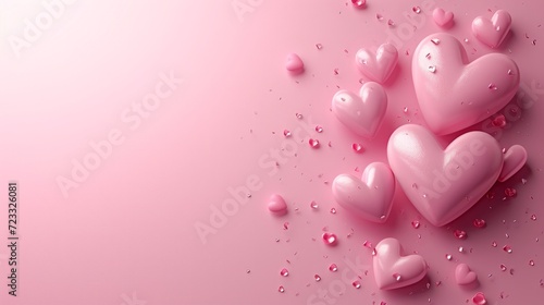 Beautiful delicate pink background with frame of voluminous 3D hearts and ple...