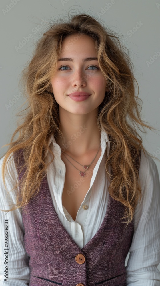 Female Hipster Smiling in White Shirt and Purple Vest Female Hipster Smiling in White Shirt and Purple Vest