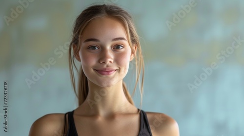 Beautiful young ballerina looking at the camera and smiling against a bright ...