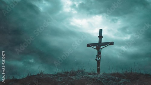 Crucifixion of Jesus Christ Cross on the hill with dramatic sky background photo