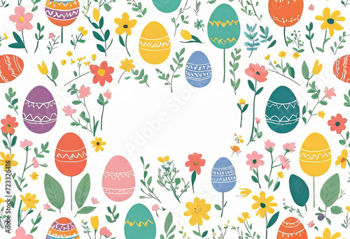 Vector illustration of colorfully painted Easter eggs and spring flowers. Easter decorations, seamless primitive pattern, children's doodles for prints,