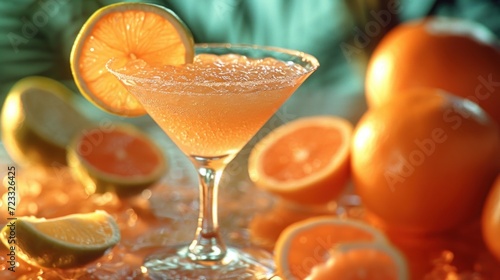  a close up of a drink in a glass on a table with oranges and limes around it and on the table is a table cloth with a table cloth.