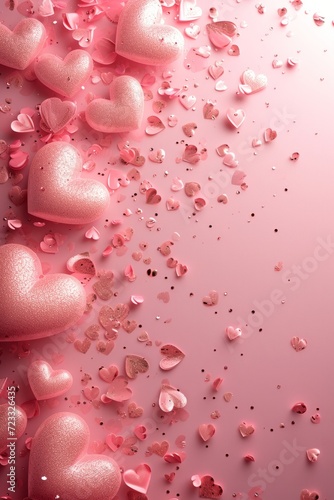 Beautiful delicate pink background with frame of voluminous 3D hearts and ple...
