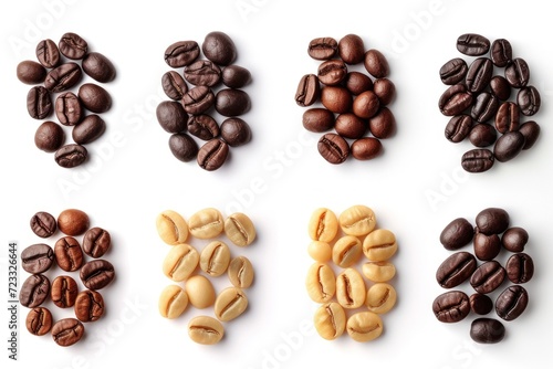 Infographic illustrating coffee roasting stages from green to dark roast with isolated beans on white background photo