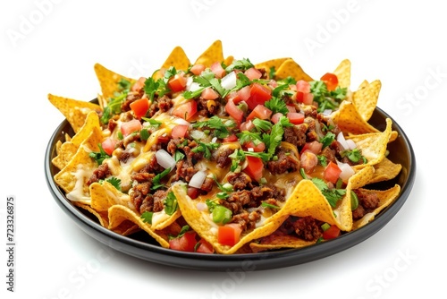 Isolated on a white background a plate of corn chips nachos topped with cheese and fried minced meat