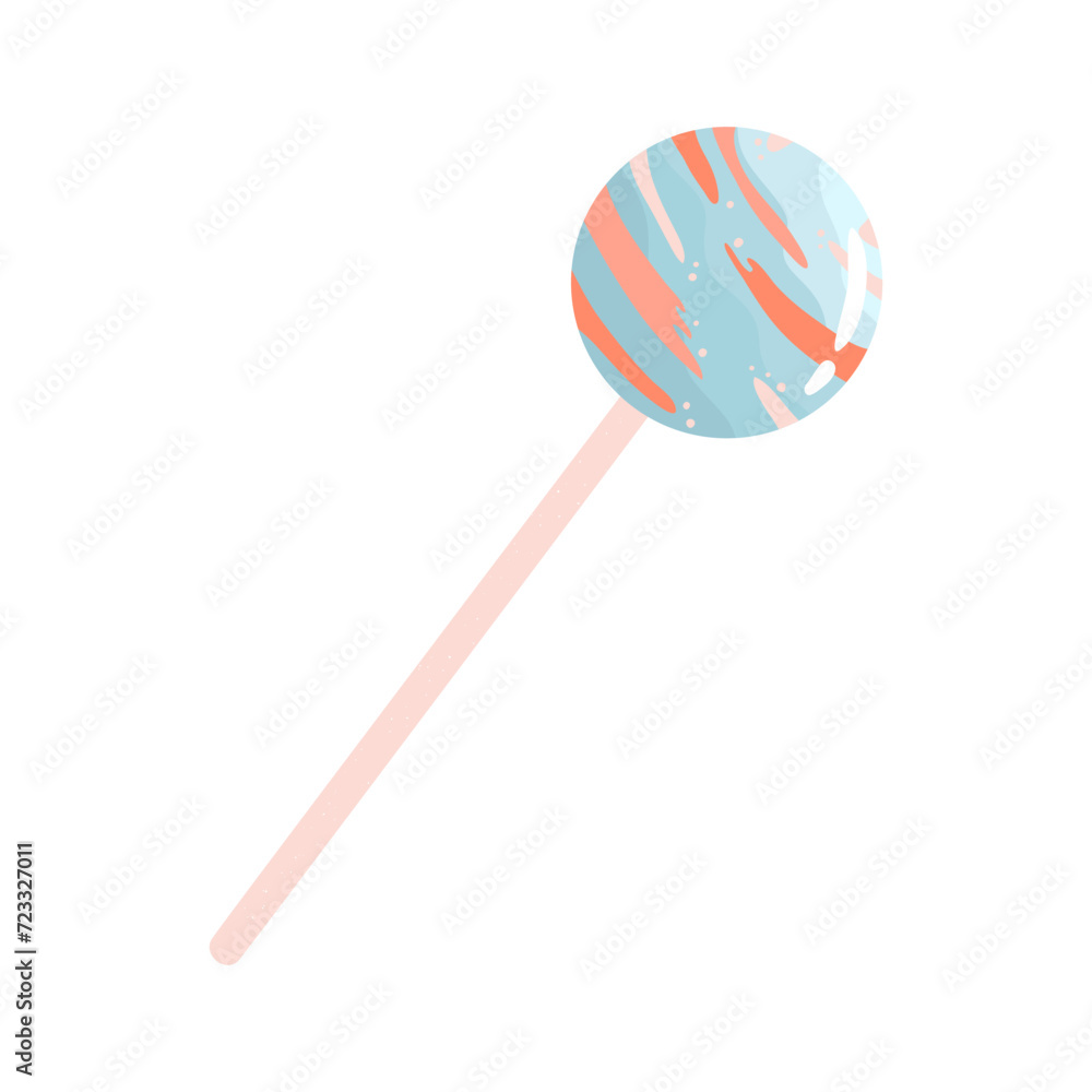 Flat vector cartoon illustration of a sweet round lollipop. Caramel candy with a cosmic pattern on a white background. Flat vector cartoon illustration of a sweet round lollipop. Caramel candy with a cosmic pattern on a white background.