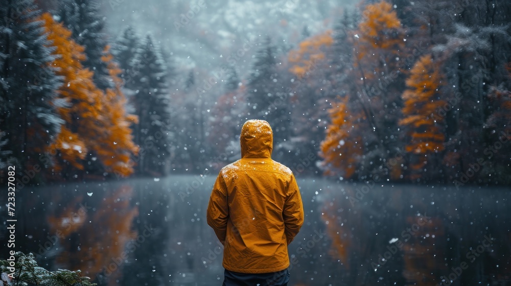  a person in a yellow jacket standing in front of a lake in the middle of a forest with snow falling on the ground and trees and snow falling on the ground.