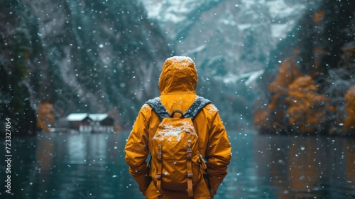  a person in a yellow jacket standing in front of a body of water with a mountain in the background and snow falling off of the tops of the mountain tops.