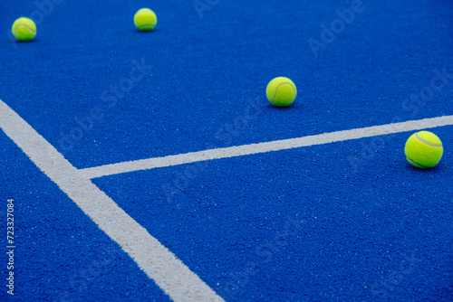 selective focus, four balls on a paddle tennis court. Racket sports concept © Vic