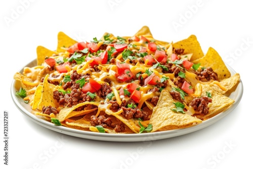 Isolated white background with corn chips nachos meat and cheese