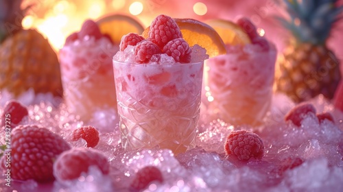  a glass filled with ice and raspberries next to a pile of pineapples and a pineapple on top of a bed of ice and a table.