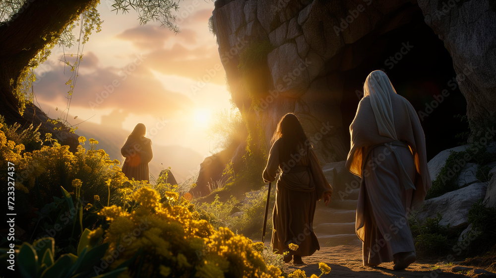 Naklejka premium Bible, Easter, A peaceful and hopeful image of Mary Magdalene and other women approaching the empty tomb of Jesus at sunrise.