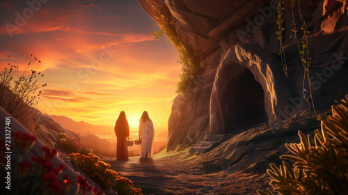 Bible, Easter, A peaceful and hopeful image of Mary Magdalene and other women approaching the empty tomb of Jesus at sunrise. photo