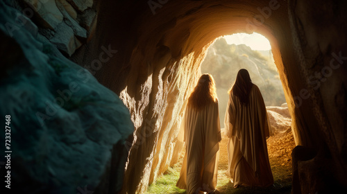 Bible, Easter, A peaceful and hopeful image of Mary Magdalene and other women approaching the empty tomb of Jesus at sunrise.
