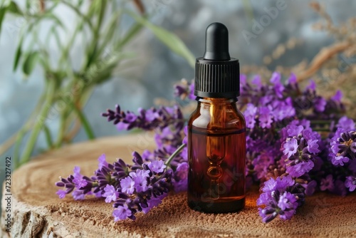 Lavender oil for face and body with dropper and flowers on background