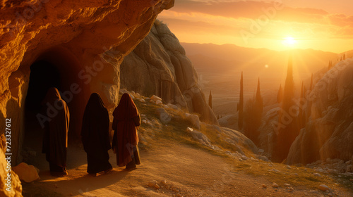 Bible, Easter, A peaceful and hopeful image of Mary Magdalene and other women approaching the empty tomb of Jesus at sunrise.
