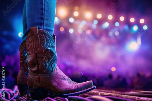 Live country music festival featuring cowboys in hats and boots alongside a rodeo backdrop photo