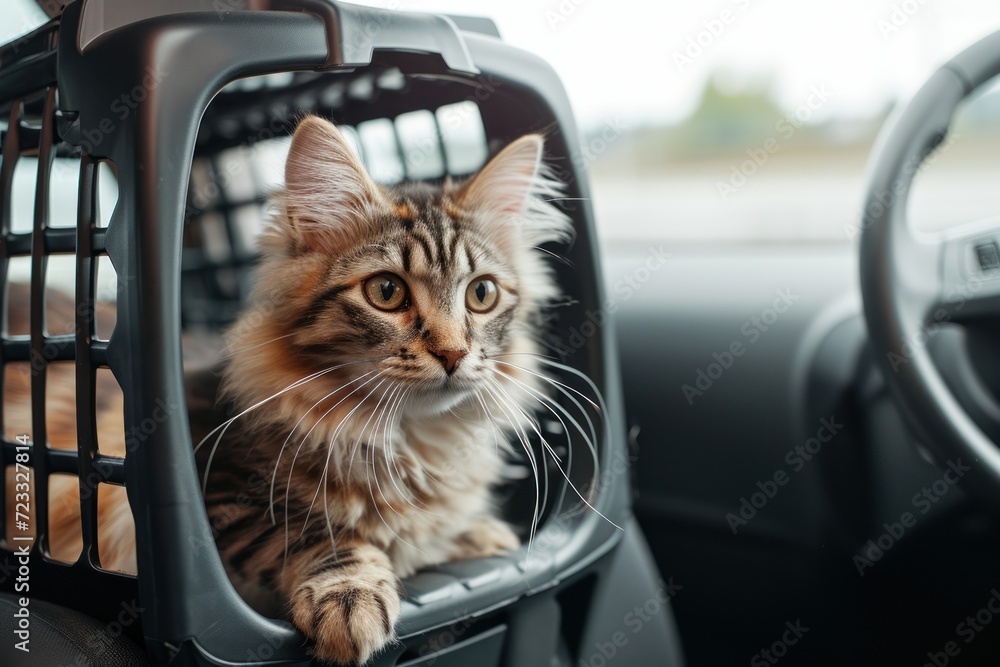 Maine coon cat in carrier on car seat Maine coon cat in carrier on car seat