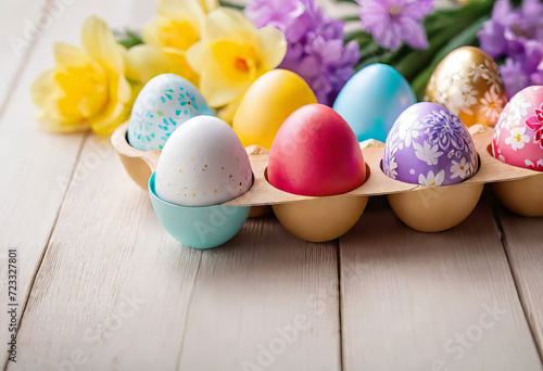 Easter decorations, colorfully painted and decorated Easter eggs and spring flowers on a wood background, Empty space for typography and logo.