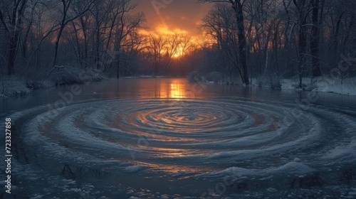  a river surrounded by snow covered trees with a sun setting in the distance in the distance in the distance, there is a circular pattern in the middle of the water.