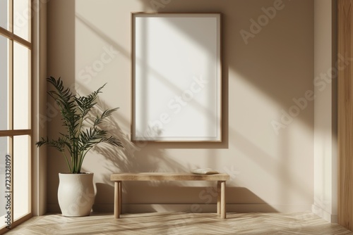 Minimalist interior with beige wall showcasing mockup frame poster in corridor