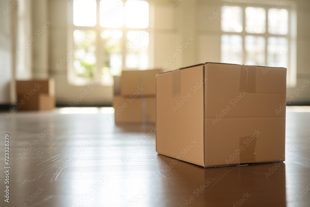 Moving boxes in an empty room filmed up close Moving boxes in an empty room filmed up close