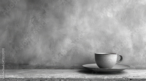  a black and white photo of a coffee cup and saucer sitting on a table in front of a grungy wall with a concrete slab on the floor. photo