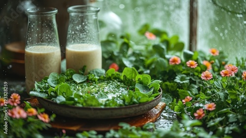  a couple of glass bottles sitting on top of a table next to a bowl filled with green leaves and flowers next to a potted plant with pink and red flowers.