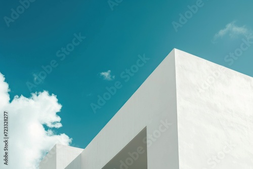 Modern minimalist architecture with big white walls contrasting against a blue sky and clouds