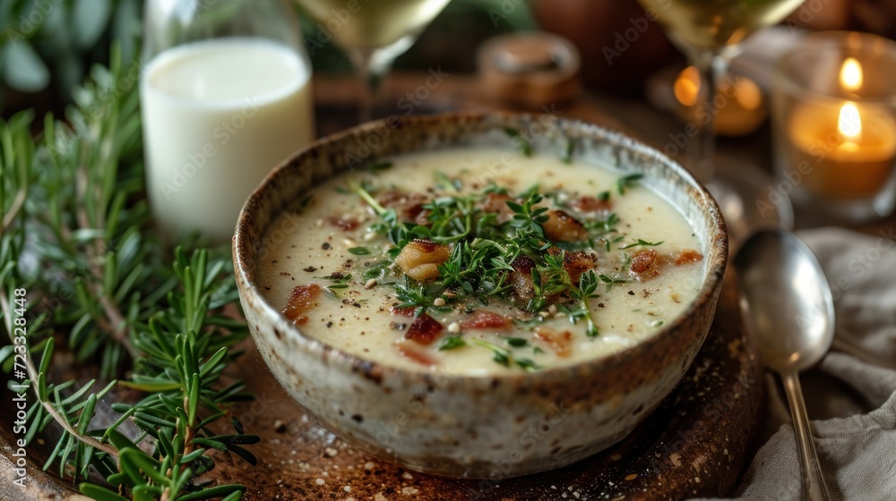 a bowl of soup sitting on top of a wooden table next to a glass of wine and a candle on top of a wooden tray with a candle and napkin. a bowl of soup sitting on top of a wooden table next to a glass of wine and a candle on top of a wooden tray with a candle and napkin.